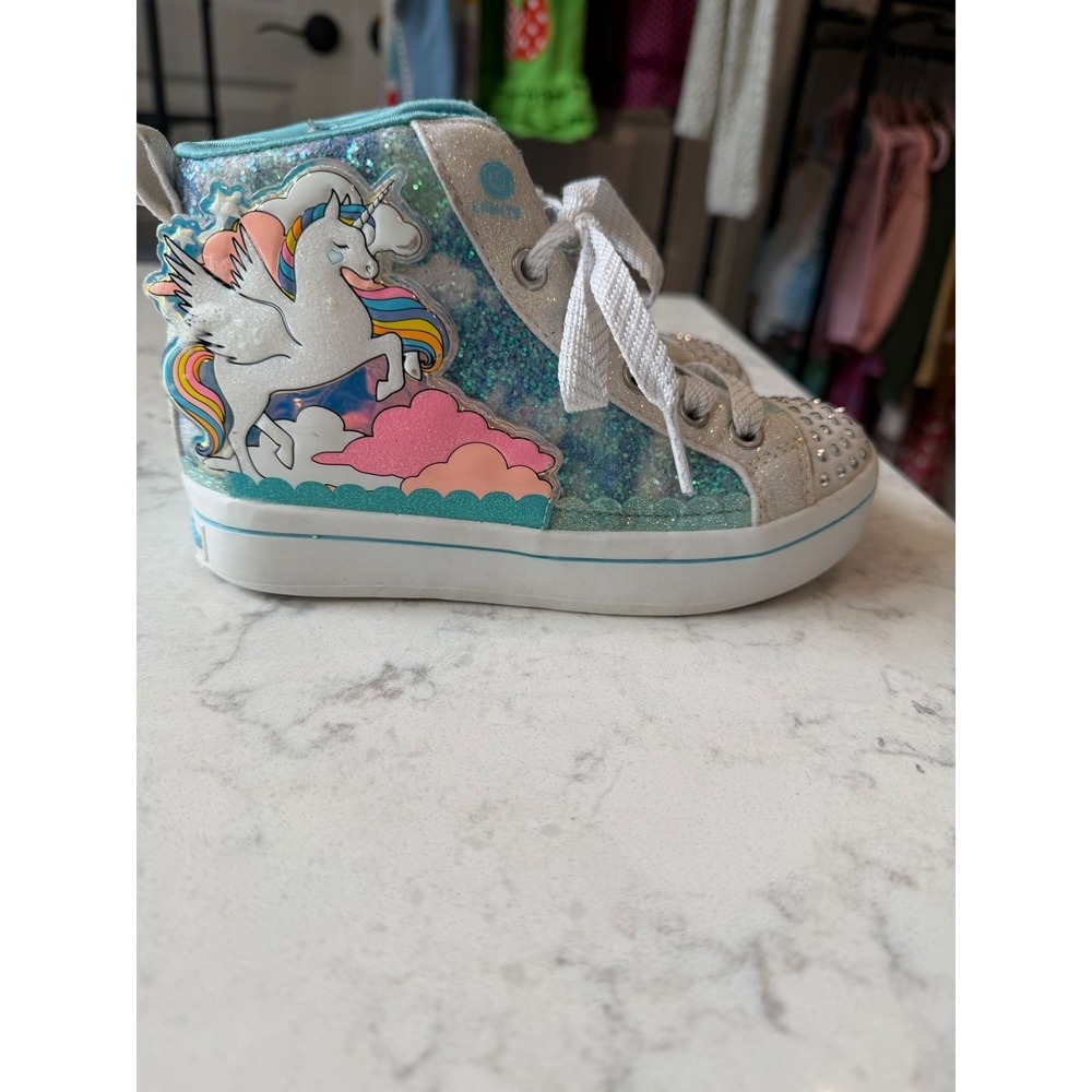 Skechers Twinkle Toes Unicorn Light Up High Top Sneakers Blue Silver 314399L 12